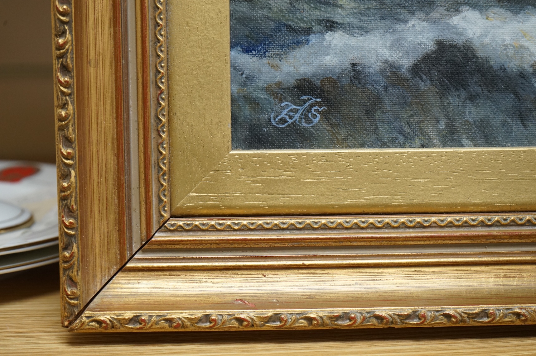 EAS, maritime oil on board, ship at sea, initialled, gilt framed, 34 x 44cm